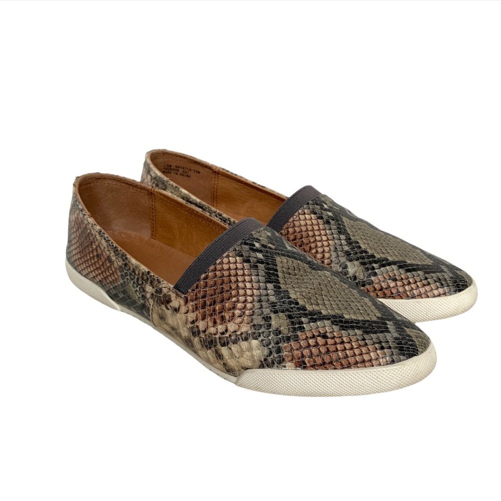 Frye Melanie Brown Gray Snake Reptile Print Leather Flats - Picture 2 of 12